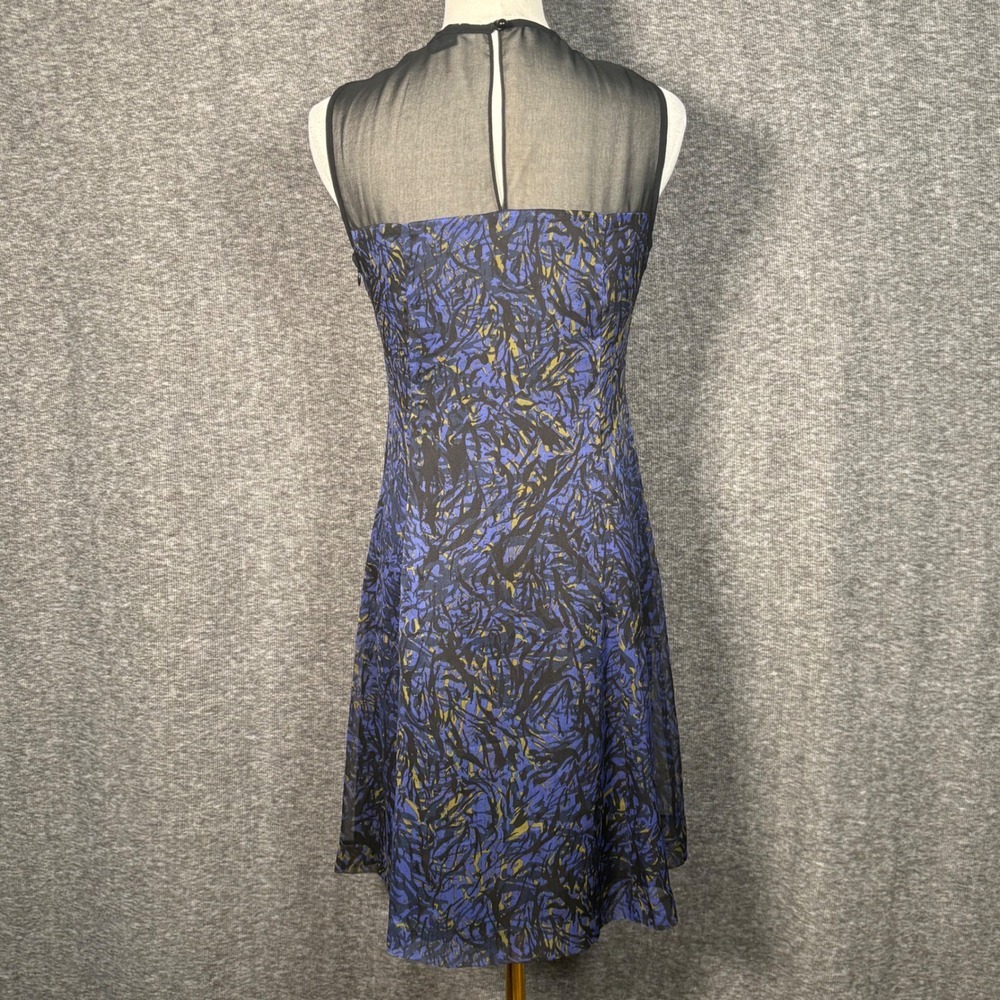 Kensie Womens Abstract Print Ruffle Mesh Sleeveless Dress Blue Black Small - Picture 7 of 15